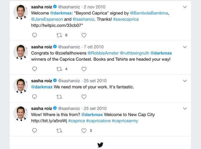 Twitter exchange with Sasha Roiz